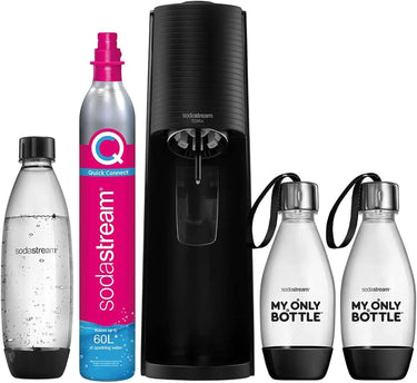 SodaStream Terra Pack - Máquina Gasificadora de Agua Color Negro, Incluye 1 Botella Fuse de 1L 2 Botellas Fuse de 0,5L y 1 Cilindro de Gas Color Rosa, Para Preparar Hasta 60L de Agua con Gas